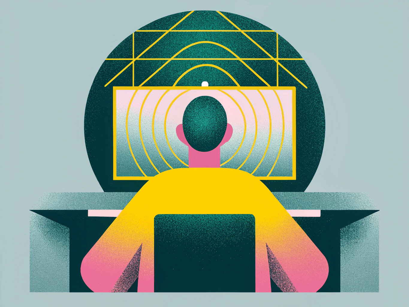 Focused programmer at a calm desk with a single screen and ambient sound