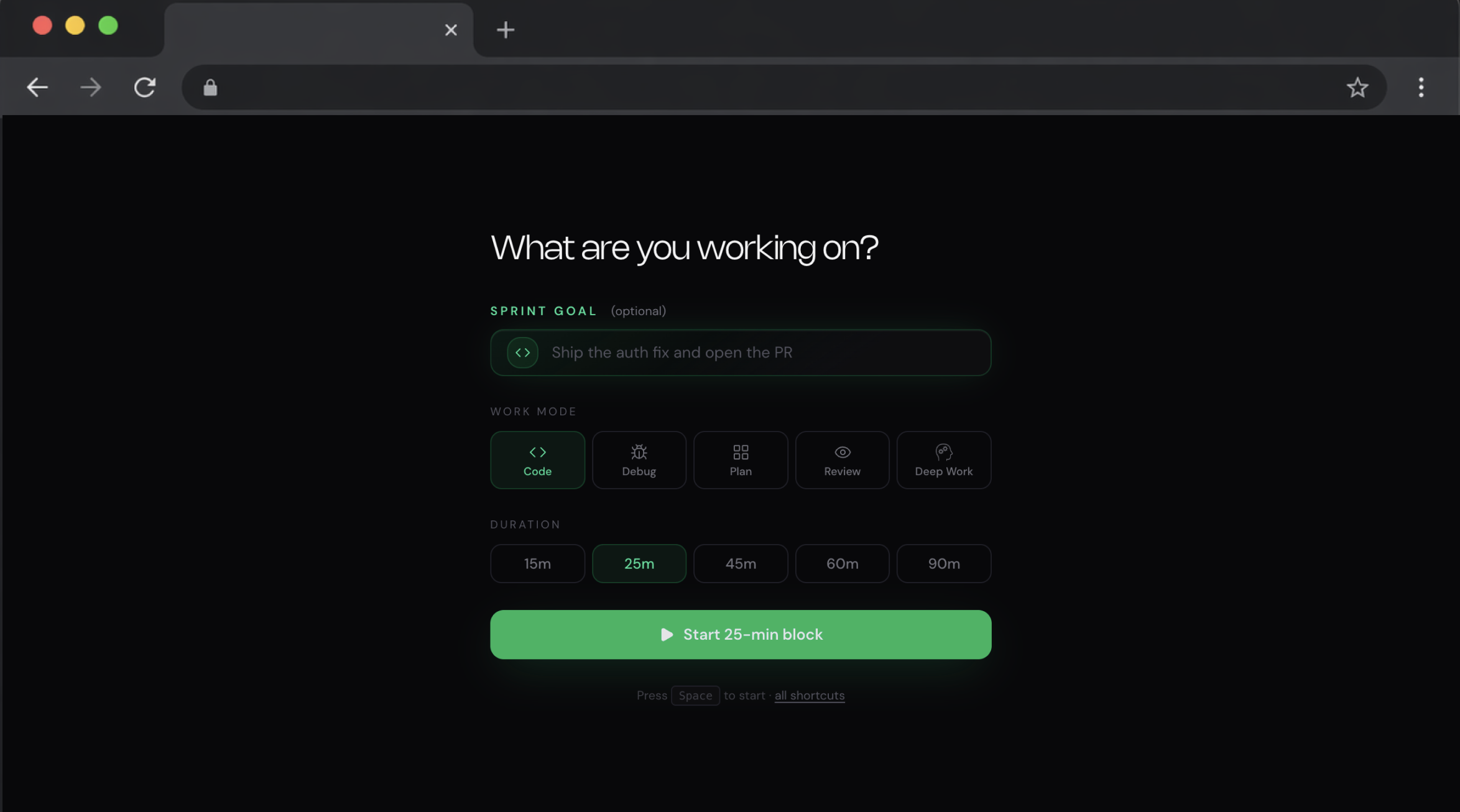NEDIO sprint setup showing task goal field, duration selector, work modes and start button